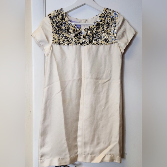 Vera Wang Lavender Label Embellish Trim Silk Sequin Confetti Ivory Yolk Dress 0 - Picture 11 of 16